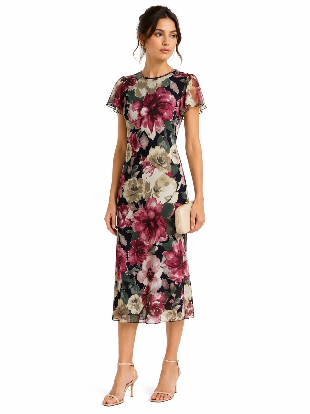 KATE and LILY Floral Mesh Column MIDI Dress Flutter Sleeves Sheer Romantic 6